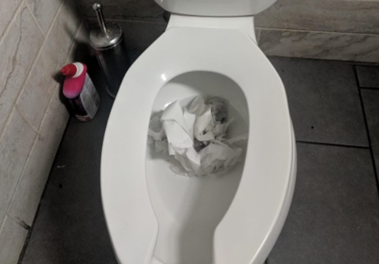 Cho giấy cứng vào bồn cầu khiến bồn cầu bị tắc nghẽn